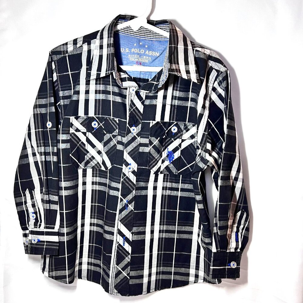 U.S. POLO Assn. Long Sleeve Boys Button  UP Shirt-Sz 5/6-Black, White Blue Horse